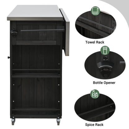 Outdoor Kitchen Island Fir Wood Kitchen Island with Stainless Steel Top, Ample Storage Space, Towel and Spice Racks and a Bottle Opener for Outdoor, Black