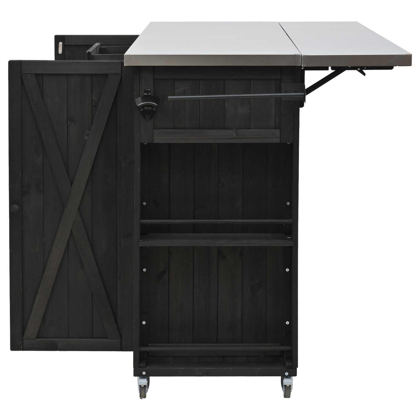 Outdoor Kitchen Island Fir Wood Kitchen Island with Stainless Steel Top, Ample Storage Space, Towel and Spice Racks and a Bottle Opener for Outdoor, Black