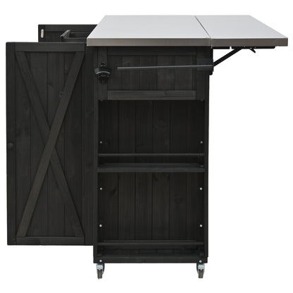 Outdoor Kitchen Island Fir Wood Kitchen Island with Stainless Steel Top, Ample Storage Space, Towel and Spice Racks and a Bottle Opener for Outdoor, Black