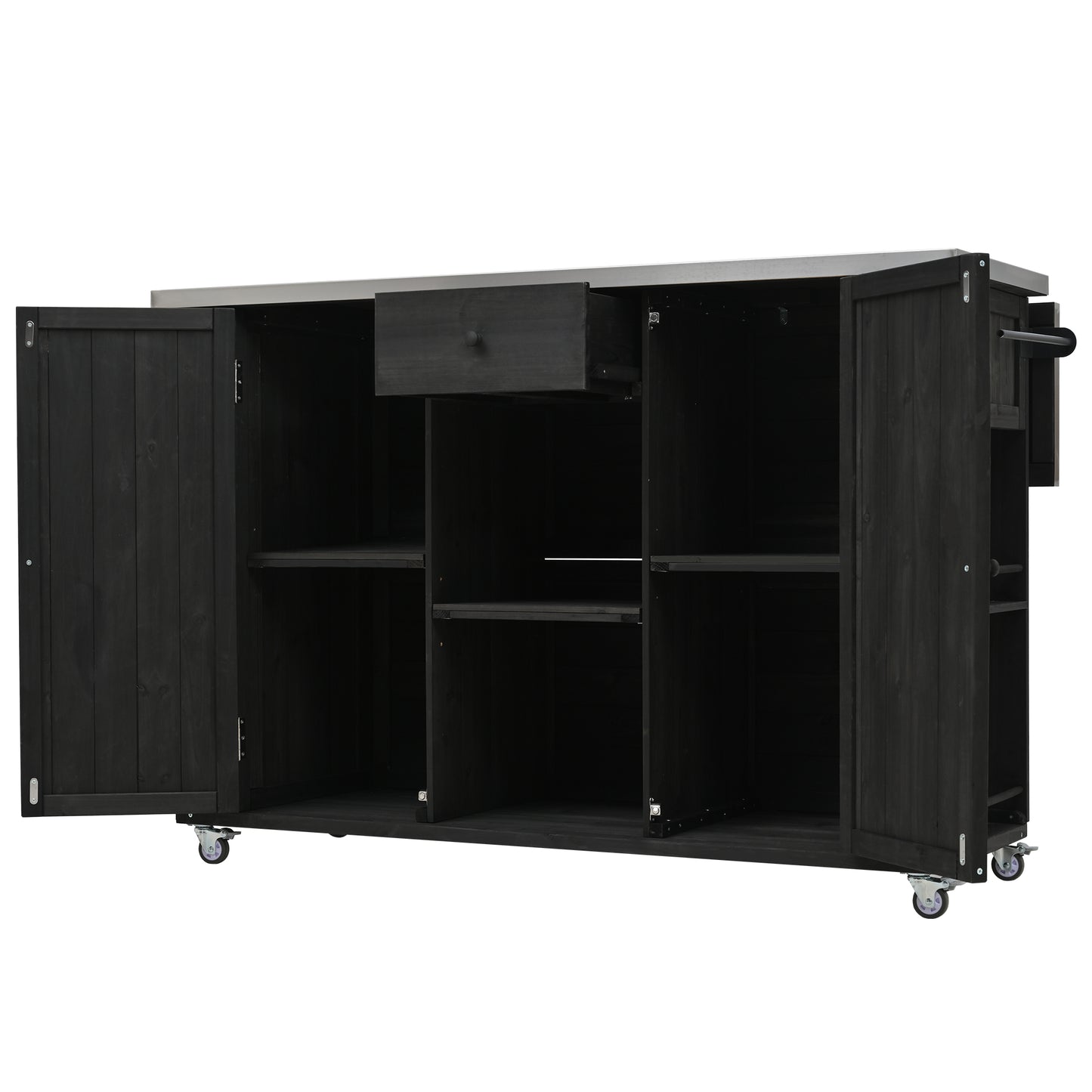 Outdoor Kitchen Island Fir Wood Kitchen Island with Stainless Steel Top, Ample Storage Space, Towel and Spice Racks and a Bottle Opener for Outdoor, Black