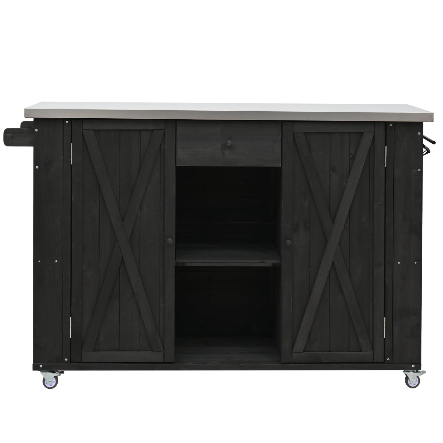 Outdoor Kitchen Island Fir Wood Kitchen Island with Stainless Steel Top, Ample Storage Space, Towel and Spice Racks and a Bottle Opener for Outdoor, Black