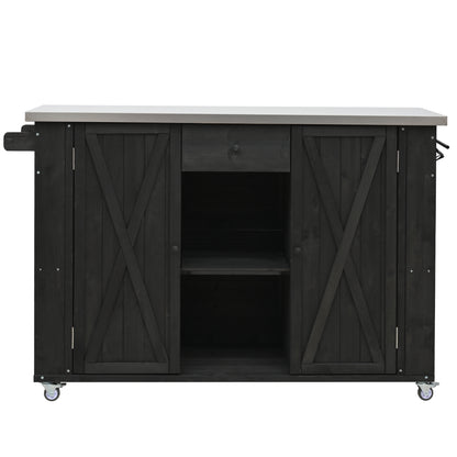 Outdoor Kitchen Island Fir Wood Kitchen Island with Stainless Steel Top, Ample Storage Space, Towel and Spice Racks and a Bottle Opener for Outdoor, Black