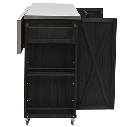 Outdoor Kitchen Island Fir Wood Kitchen Island with Stainless Steel Top, Ample Storage Space, Towel and Spice Racks and a Bottle Opener for Outdoor, Black