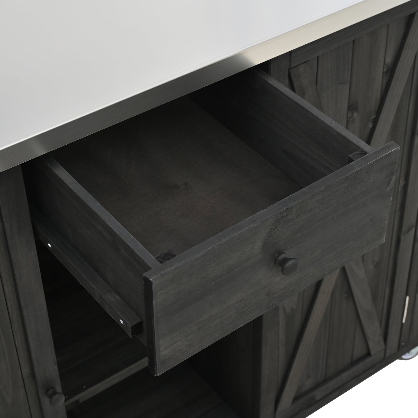 Outdoor Kitchen Island Fir Wood Kitchen Island with Stainless Steel Top, Ample Storage Space, Towel and Spice Racks and a Bottle Opener for Outdoor, Black