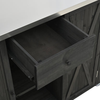 Outdoor Kitchen Island Fir Wood Kitchen Island with Stainless Steel Top, Ample Storage Space, Towel and Spice Racks and a Bottle Opener for Outdoor, Black