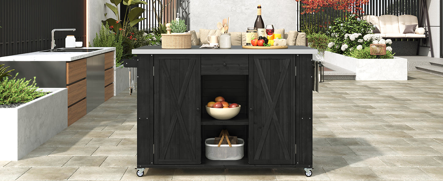 Outdoor Kitchen Island Fir Wood Kitchen Island with Stainless Steel Top, Ample Storage Space, Towel and Spice Racks and a Bottle Opener for Outdoor, Black