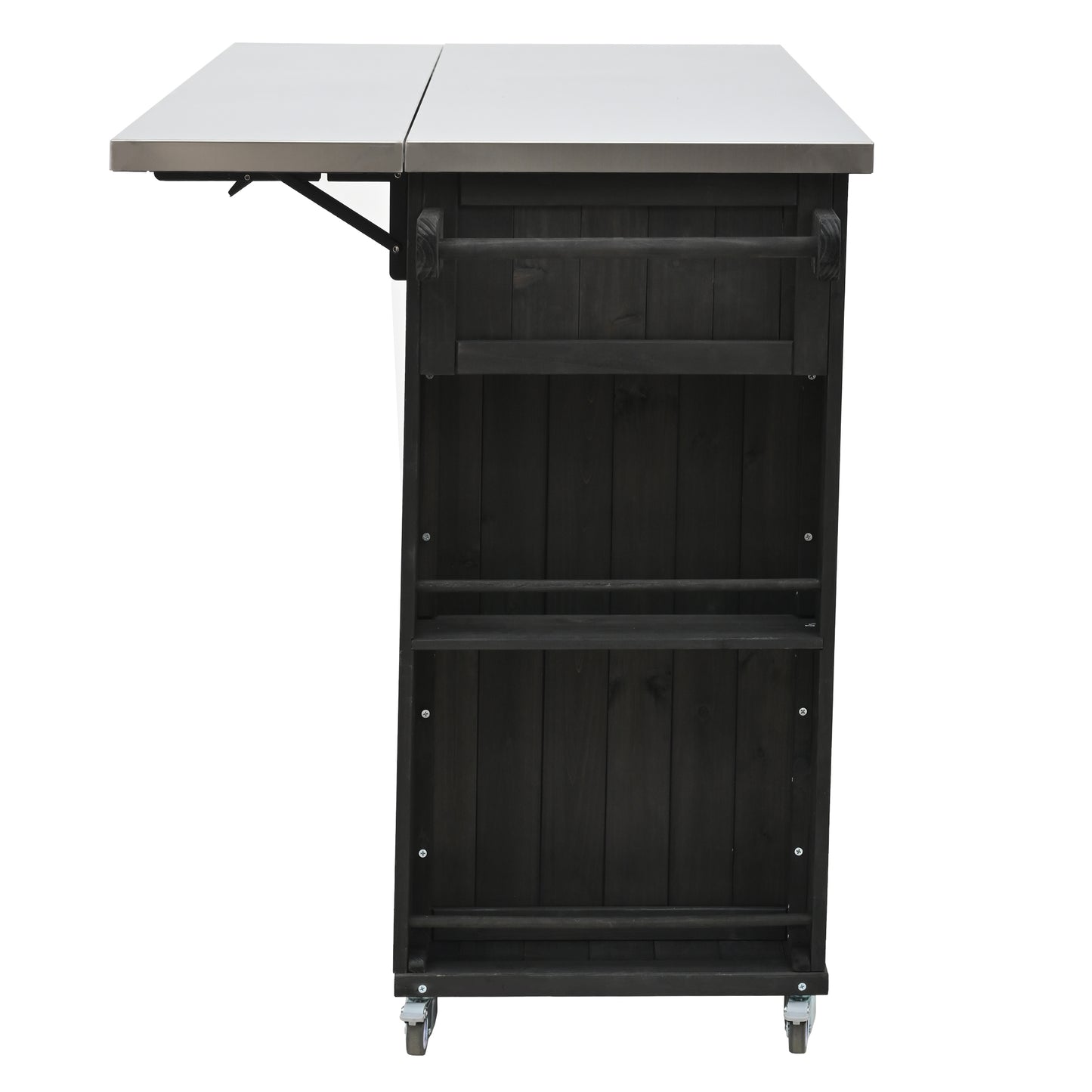 Outdoor Kitchen Island Fir Wood Kitchen Island with Stainless Steel Top, Ample Storage Space, Towel and Spice Racks and a Bottle Opener for Outdoor, Black