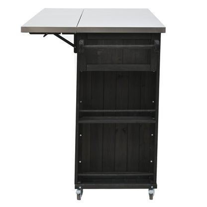 Outdoor Kitchen Island Fir Wood Kitchen Island with Stainless Steel Top, Ample Storage Space, Towel and Spice Racks and a Bottle Opener for Outdoor, Black