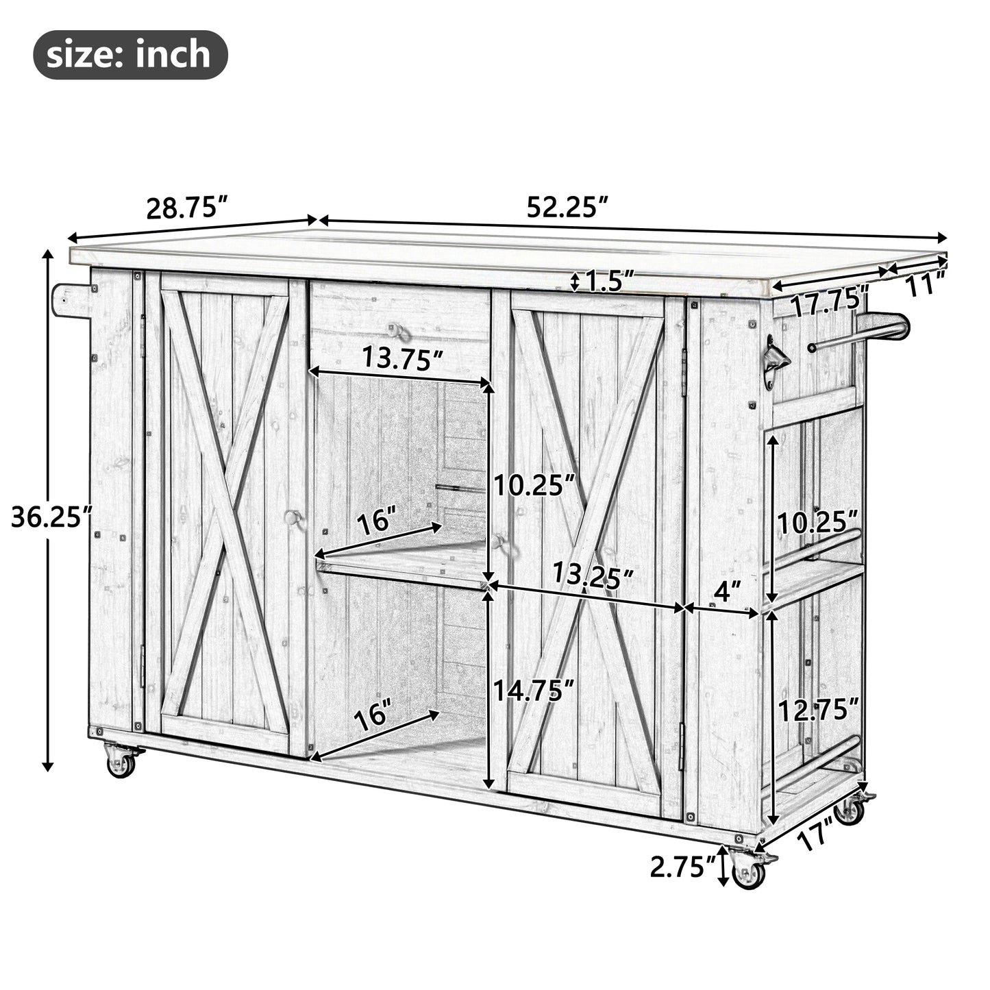 Outdoor Kitchen Island Fir Wood Kitchen Island with Stainless Steel Top, Ample Storage Space, Towel and Spice Racks and a Bottle Opener for Outdoor, Black