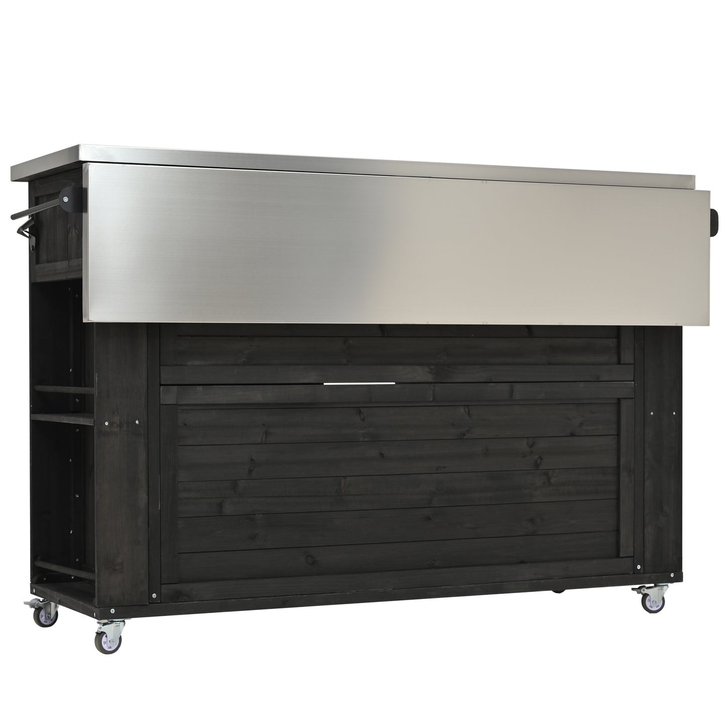 Outdoor Kitchen Island Fir Wood Kitchen Island with Stainless Steel Top, Ample Storage Space, Towel and Spice Racks and a Bottle Opener for Outdoor, Black