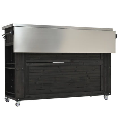 Outdoor Kitchen Island Fir Wood Kitchen Island with Stainless Steel Top, Ample Storage Space, Towel and Spice Racks and a Bottle Opener for Outdoor, Black