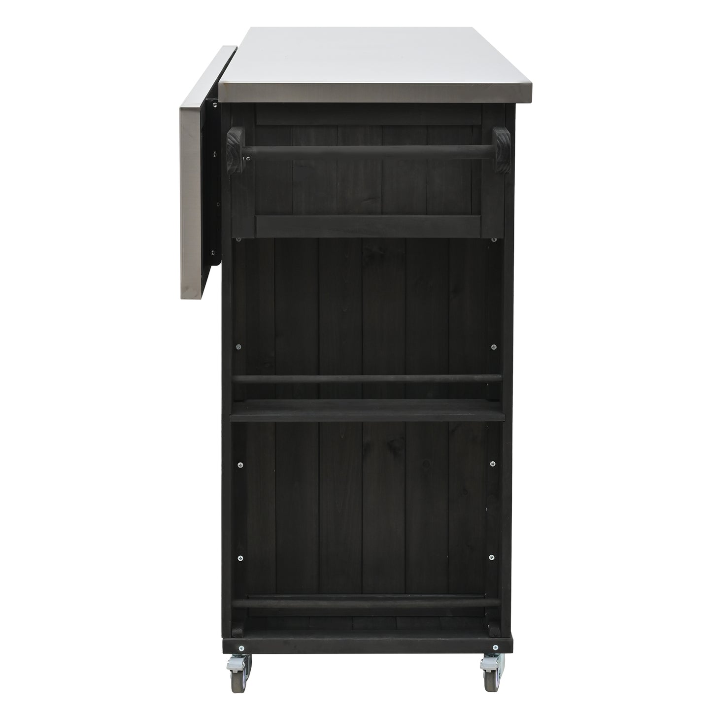 Outdoor Kitchen Island Fir Wood Kitchen Island with Stainless Steel Top, Ample Storage Space, Towel and Spice Racks and a Bottle Opener for Outdoor, Black