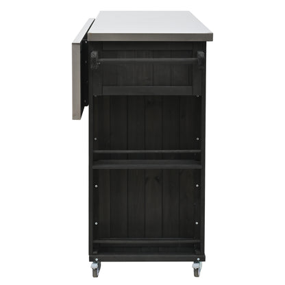 Outdoor Kitchen Island Fir Wood Kitchen Island with Stainless Steel Top, Ample Storage Space, Towel and Spice Racks and a Bottle Opener for Outdoor, Black