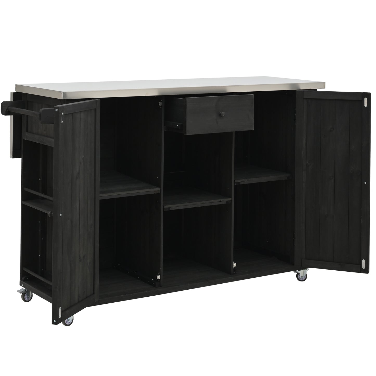 Outdoor Kitchen Island Fir Wood Kitchen Island with Stainless Steel Top, Ample Storage Space, Towel and Spice Racks and a Bottle Opener for Outdoor, Black