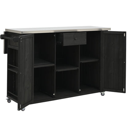Outdoor Kitchen Island Fir Wood Kitchen Island with Stainless Steel Top, Ample Storage Space, Towel and Spice Racks and a Bottle Opener for Outdoor, Black