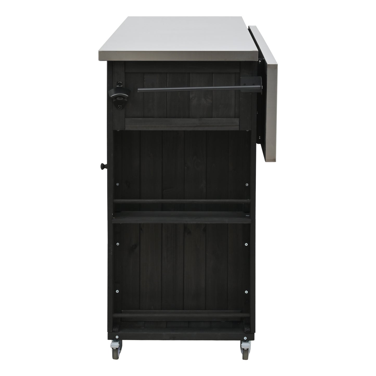 Outdoor Kitchen Island Fir Wood Kitchen Island with Stainless Steel Top, Ample Storage Space, Towel and Spice Racks and a Bottle Opener for Outdoor, Black
