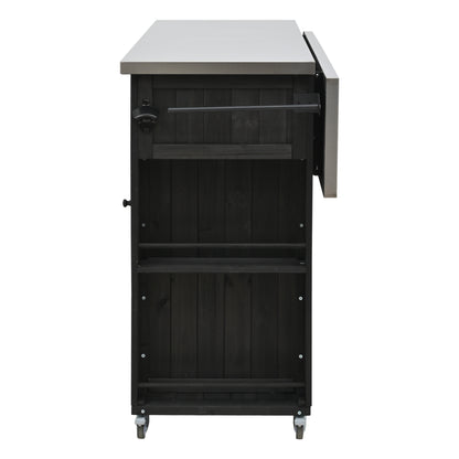 Outdoor Kitchen Island Fir Wood Kitchen Island with Stainless Steel Top, Ample Storage Space, Towel and Spice Racks and a Bottle Opener for Outdoor, Black