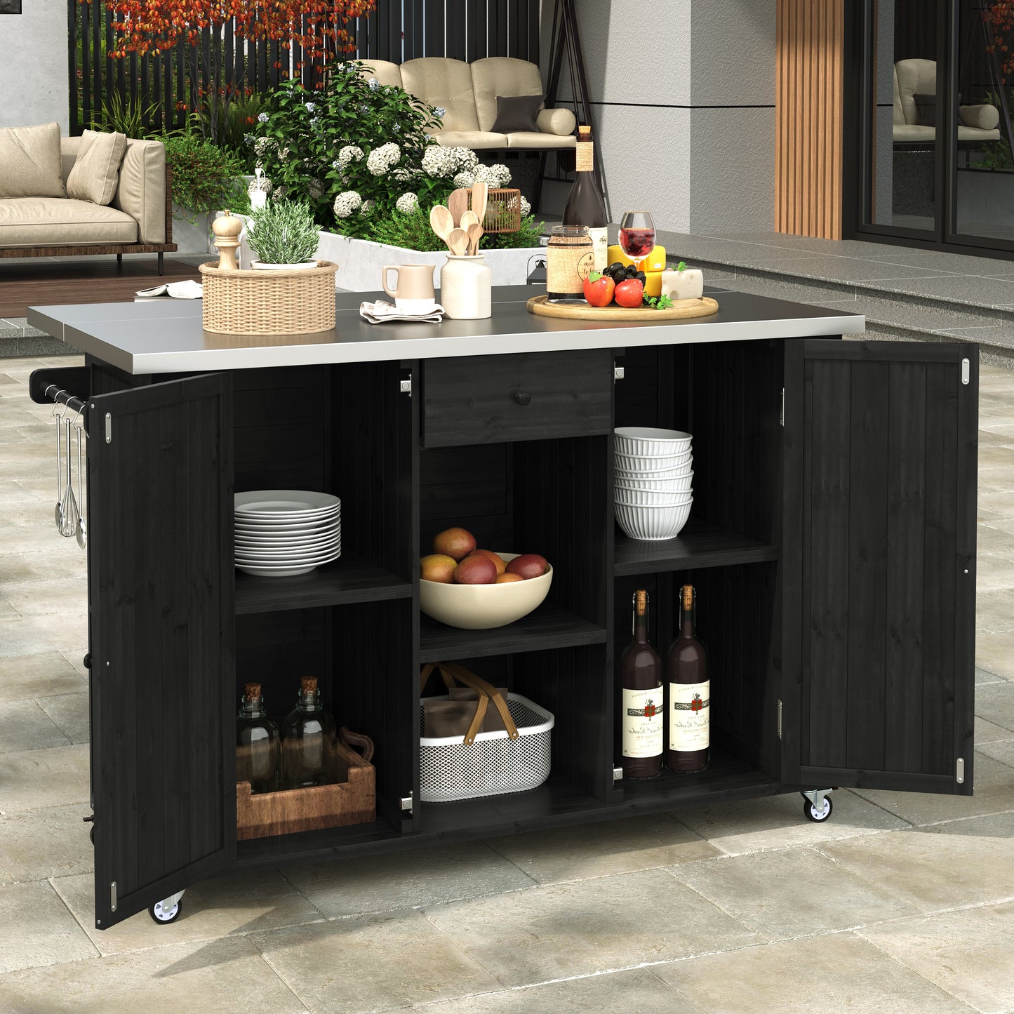 Outdoor Kitchen Island Fir Wood Kitchen Island with Stainless Steel Top, Ample Storage Space, Towel and Spice Racks and a Bottle Opener for Outdoor, Black