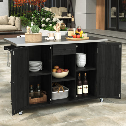 Outdoor Kitchen Island Fir Wood Kitchen Island with Stainless Steel Top, Ample Storage Space, Towel and Spice Racks and a Bottle Opener for Outdoor, Black