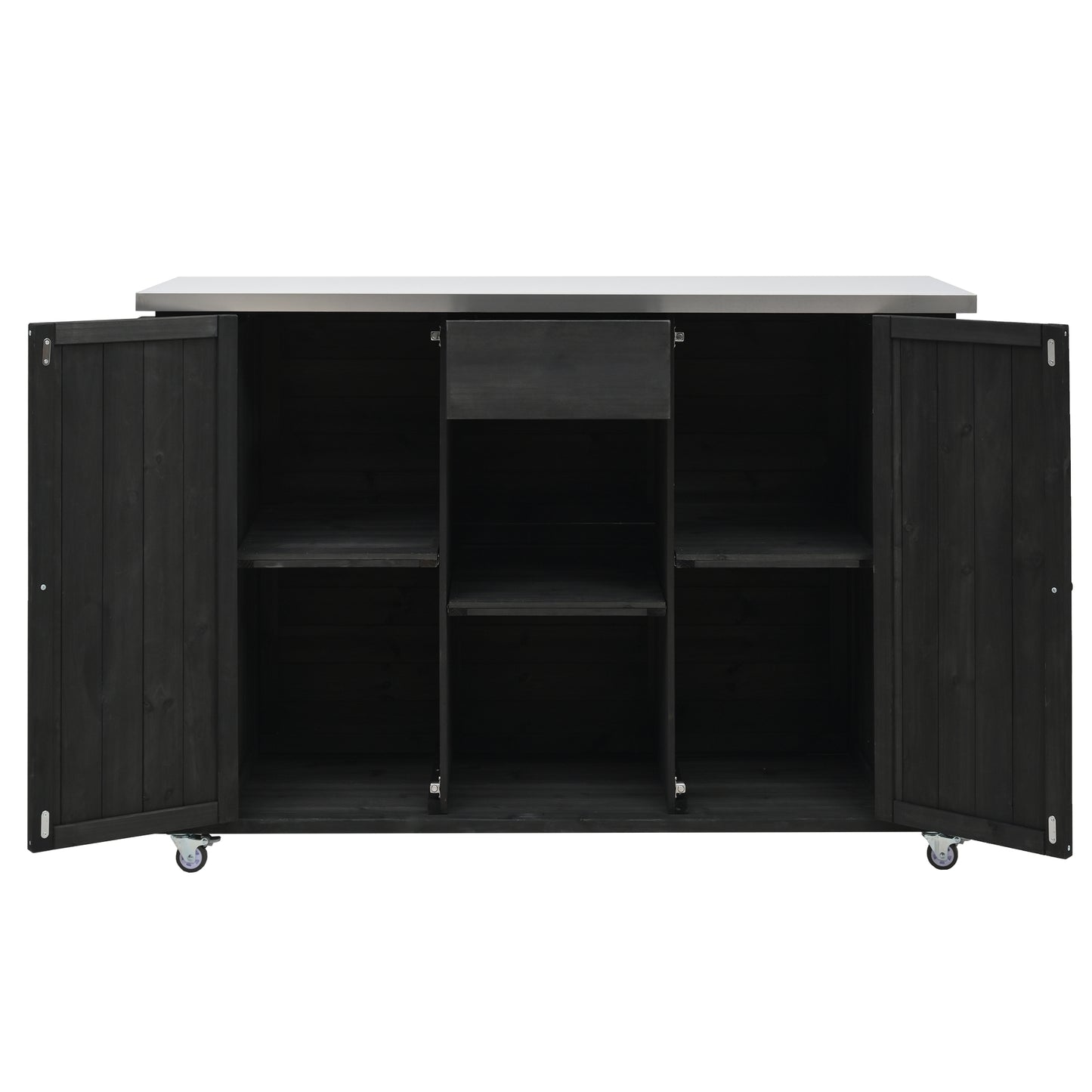 Outdoor Kitchen Island Fir Wood Kitchen Island with Stainless Steel Top, Ample Storage Space, Towel and Spice Racks and a Bottle Opener for Outdoor, Black