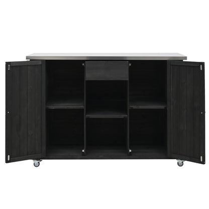 Outdoor Kitchen Island Fir Wood Kitchen Island with Stainless Steel Top, Ample Storage Space, Towel and Spice Racks and a Bottle Opener for Outdoor, Black