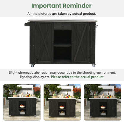 Outdoor Kitchen Island Fir Wood Kitchen Island with Stainless Steel Top, Ample Storage Space, Towel and Spice Racks and a Bottle Opener for Outdoor, Black