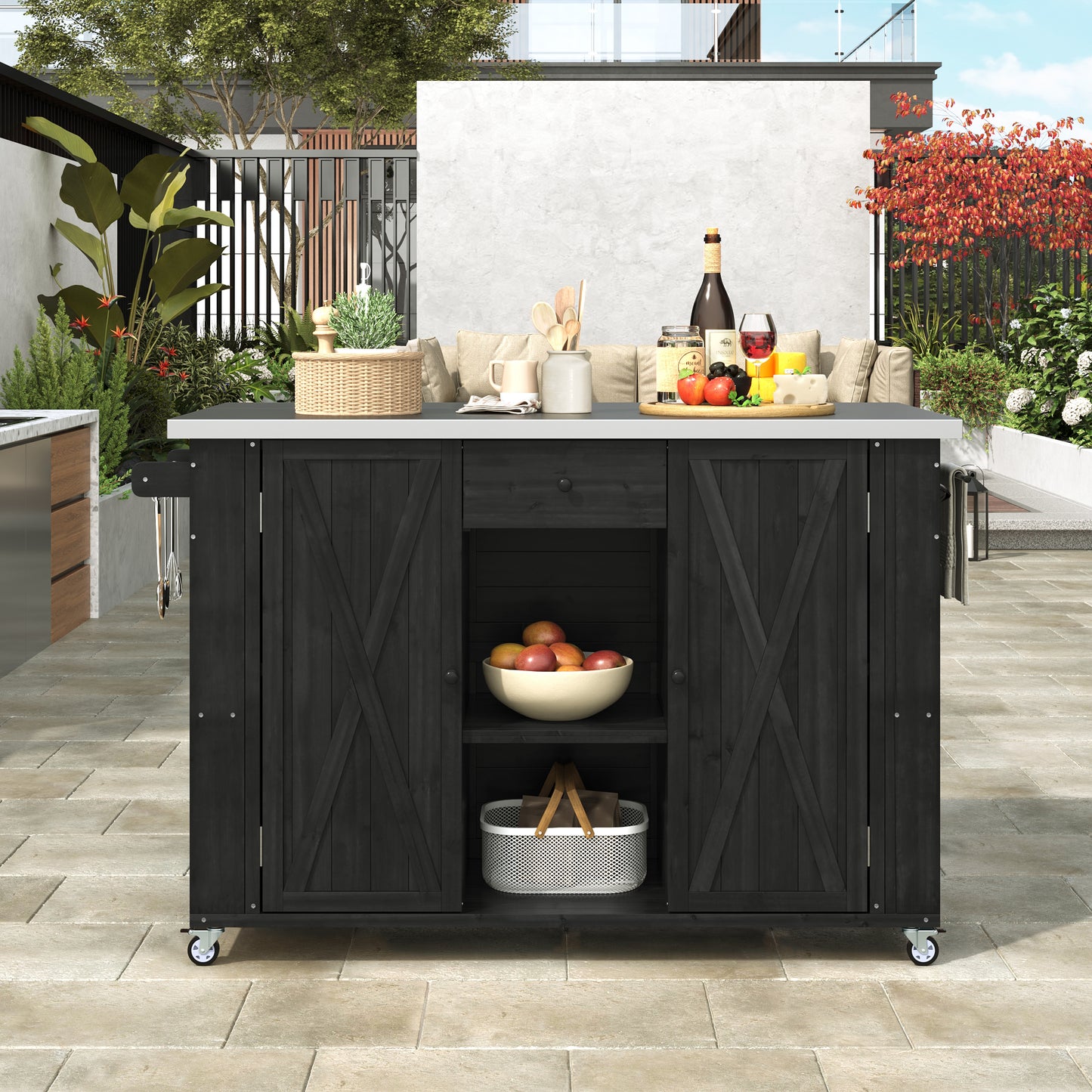 Outdoor Kitchen Island Fir Wood Kitchen Island with Stainless Steel Top, Ample Storage Space, Towel and Spice Racks and a Bottle Opener for Outdoor, Black