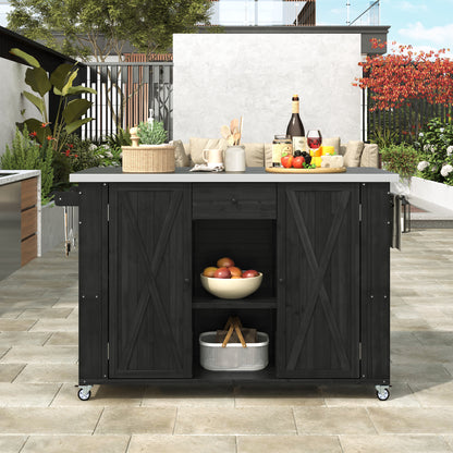 Outdoor Kitchen Island Fir Wood Kitchen Island with Stainless Steel Top, Ample Storage Space, Towel and Spice Racks and a Bottle Opener for Outdoor, Black