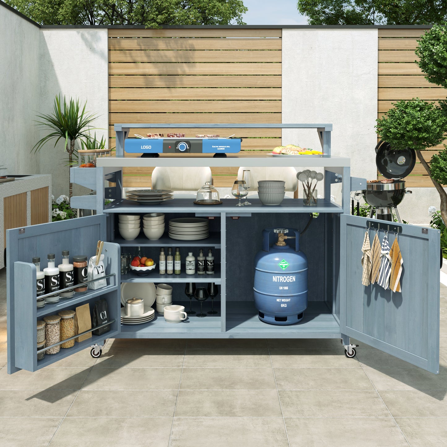 53.3" Outdoor Kitchen Island with Raised Shelf, Solid Wood Storage Cabinet with Stainless Steel Top, Outdoor Rolling Grill Cart with Internal Storage Rack, Adjustable Shelf, Spice Rack, Grey Blue