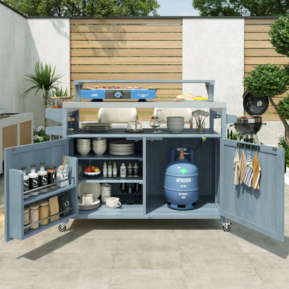 53.3" Outdoor Kitchen Island with Raised Shelf, Solid Wood Storage Cabinet with Stainless Steel Top, Outdoor Rolling Grill Cart with Internal Storage Rack, Adjustable Shelf, Spice Rack, Grey Blue