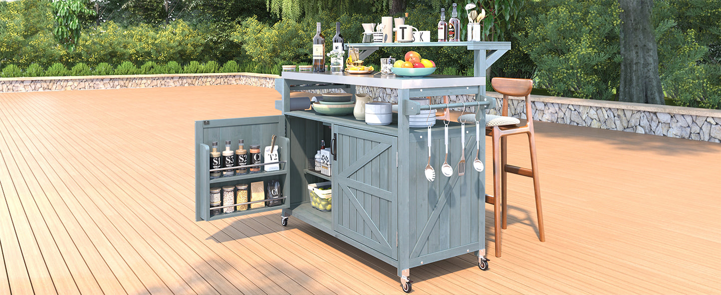 53.3" Outdoor Kitchen Island with Raised Shelf, Solid Wood Storage Cabinet with Stainless Steel Top, Outdoor Rolling Grill Cart with Internal Storage Rack, Adjustable Shelf, Spice Rack, Grey Blue