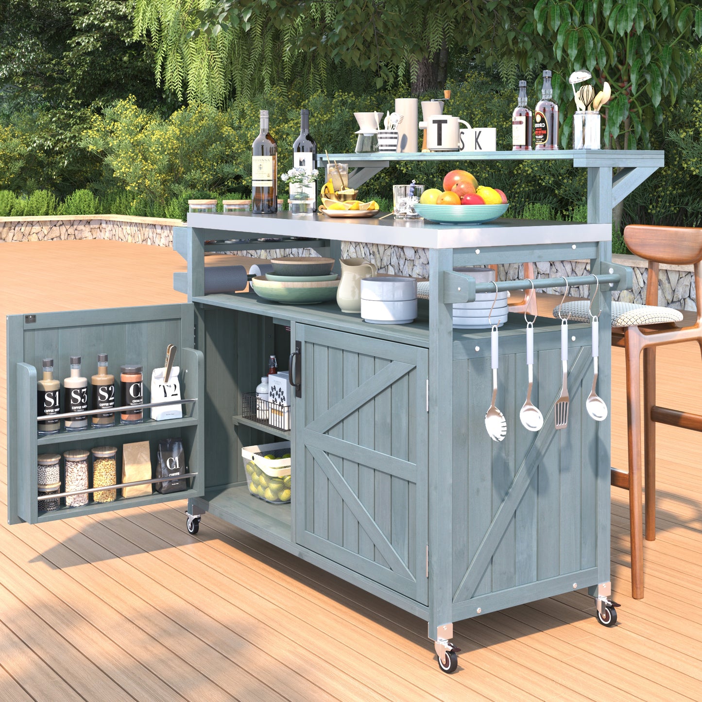 53.3" Outdoor Kitchen Island with Raised Shelf, Solid Wood Storage Cabinet with Stainless Steel Top, Outdoor Rolling Grill Cart with Internal Storage Rack, Adjustable Shelf, Spice Rack, Grey Blue