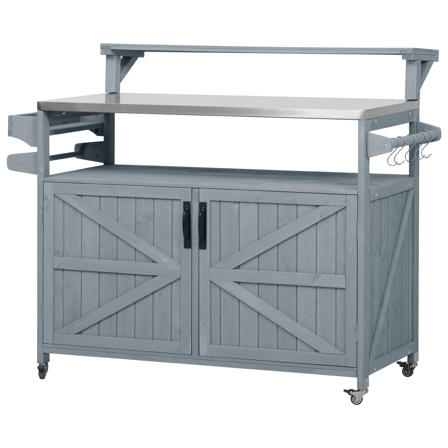 53.3" Outdoor Kitchen Island with Raised Shelf, Solid Wood Storage Cabinet with Stainless Steel Top, Outdoor Rolling Grill Cart with Internal Storage Rack, Adjustable Shelf, Spice Rack, Grey Blue