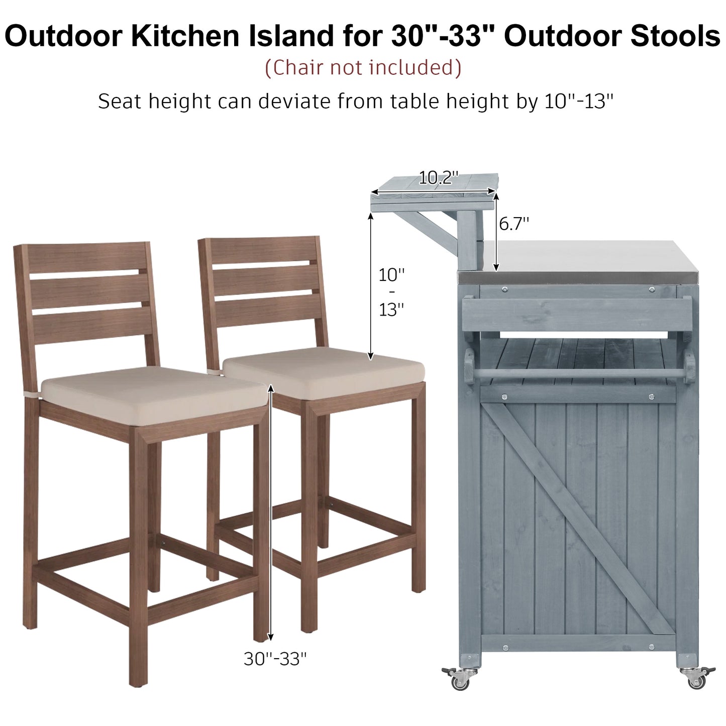 53.3" Outdoor Kitchen Island with Raised Shelf, Solid Wood Storage Cabinet with Stainless Steel Top, Outdoor Rolling Grill Cart with Internal Storage Rack, Adjustable Shelf, Spice Rack, Grey Blue