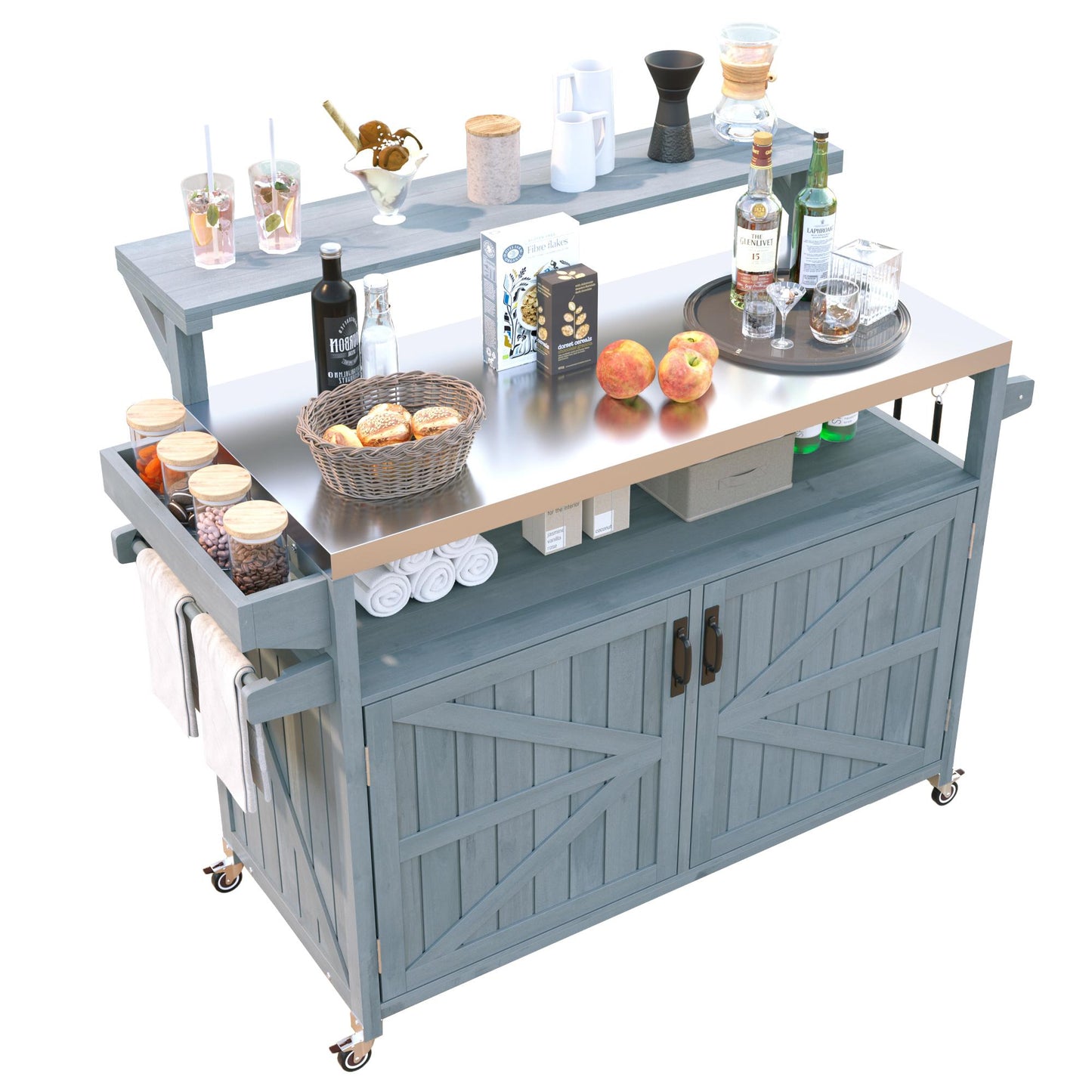 53.3" Outdoor Kitchen Island with Raised Shelf, Solid Wood Storage Cabinet with Stainless Steel Top, Outdoor Rolling Grill Cart with Internal Storage Rack, Adjustable Shelf, Spice Rack, Grey Blue
