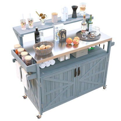 53.3" Outdoor Kitchen Island with Raised Shelf, Solid Wood Storage Cabinet with Stainless Steel Top, Outdoor Rolling Grill Cart with Internal Storage Rack, Adjustable Shelf, Spice Rack, Grey Blue