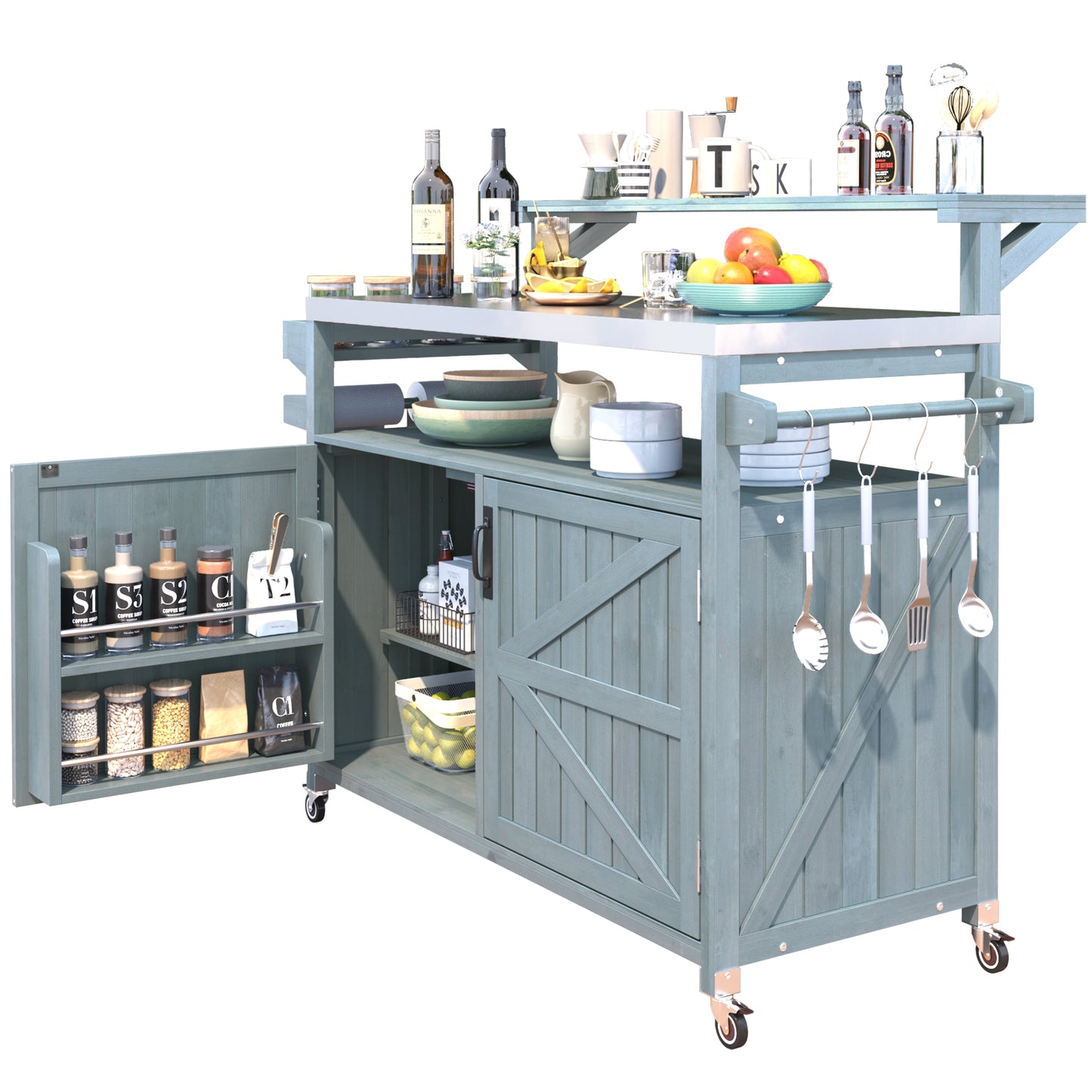 53.3" Outdoor Kitchen Island with Raised Shelf, Solid Wood Storage Cabinet with Stainless Steel Top, Outdoor Rolling Grill Cart with Internal Storage Rack, Adjustable Shelf, Spice Rack, Grey Blue