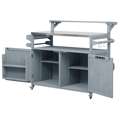 53.3" Outdoor Kitchen Island with Raised Shelf, Solid Wood Storage Cabinet with Stainless Steel Top, Outdoor Rolling Grill Cart with Internal Storage Rack, Adjustable Shelf, Spice Rack, Grey Blue