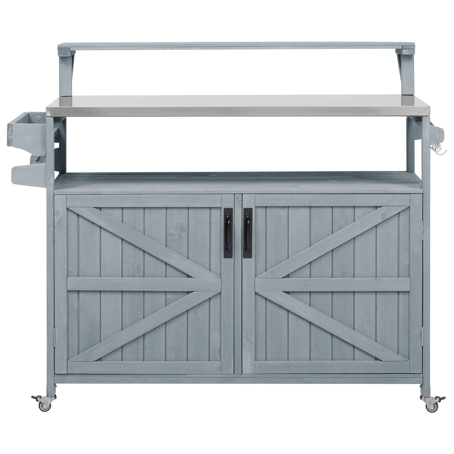 53.3" Outdoor Kitchen Island with Raised Shelf, Solid Wood Storage Cabinet with Stainless Steel Top, Outdoor Rolling Grill Cart with Internal Storage Rack, Adjustable Shelf, Spice Rack, Grey Blue