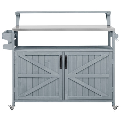 53.3" Outdoor Kitchen Island with Raised Shelf, Solid Wood Storage Cabinet with Stainless Steel Top, Outdoor Rolling Grill Cart with Internal Storage Rack, Adjustable Shelf, Spice Rack, Grey Blue