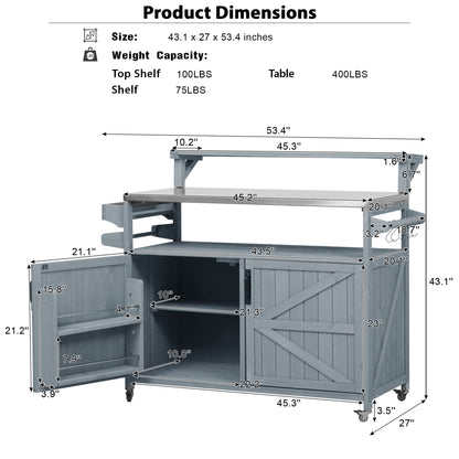 53.3" Outdoor Kitchen Island with Raised Shelf, Solid Wood Storage Cabinet with Stainless Steel Top, Outdoor Rolling Grill Cart with Internal Storage Rack, Adjustable Shelf, Spice Rack, Grey Blue