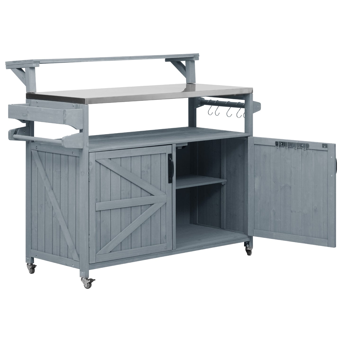 53.3" Outdoor Kitchen Island with Raised Shelf, Solid Wood Storage Cabinet with Stainless Steel Top, Outdoor Rolling Grill Cart with Internal Storage Rack, Adjustable Shelf, Spice Rack, Grey Blue