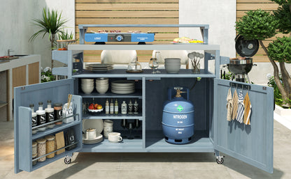 53.3" Outdoor Kitchen Island with Raised Shelf, Solid Wood Storage Cabinet with Stainless Steel Top, Outdoor Rolling Grill Cart with Internal Storage Rack, Adjustable Shelf, Spice Rack, Grey Blue