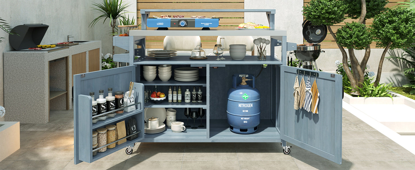 53.3" Outdoor Kitchen Island with Raised Shelf, Solid Wood Storage Cabinet with Stainless Steel Top, Outdoor Rolling Grill Cart with Internal Storage Rack, Adjustable Shelf, Spice Rack, Grey Blue