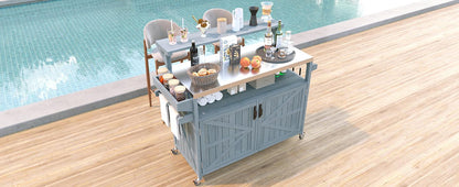 53.3" Outdoor Kitchen Island with Raised Shelf, Solid Wood Storage Cabinet with Stainless Steel Top, Outdoor Rolling Grill Cart with Internal Storage Rack, Adjustable Shelf, Spice Rack, Grey Blue