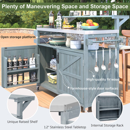 53.3" Outdoor Kitchen Island with Raised Shelf, Solid Wood Storage Cabinet with Stainless Steel Top, Outdoor Rolling Grill Cart with Internal Storage Rack, Adjustable Shelf, Spice Rack, Grey Blue