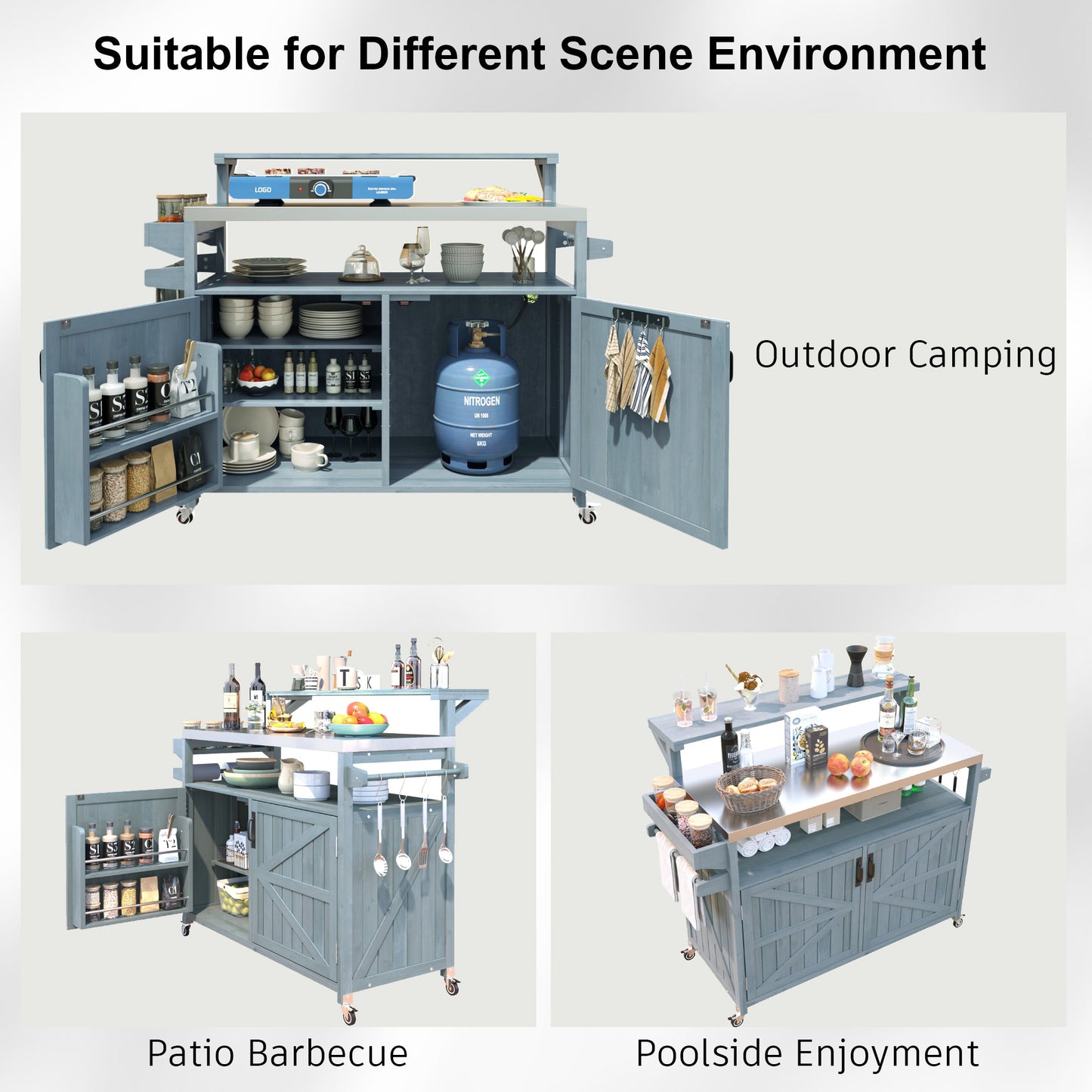 53.3" Outdoor Kitchen Island with Raised Shelf, Solid Wood Storage Cabinet with Stainless Steel Top, Outdoor Rolling Grill Cart with Internal Storage Rack, Adjustable Shelf, Spice Rack, Grey Blue