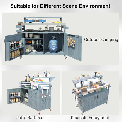 53.3" Outdoor Kitchen Island with Raised Shelf, Solid Wood Storage Cabinet with Stainless Steel Top, Outdoor Rolling Grill Cart with Internal Storage Rack, Adjustable Shelf, Spice Rack, Grey Blue