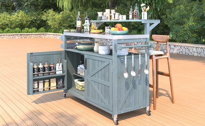53.3" Outdoor Kitchen Island with Raised Shelf, Solid Wood Storage Cabinet with Stainless Steel Top, Outdoor Rolling Grill Cart with Internal Storage Rack, Adjustable Shelf, Spice Rack, Grey Blue