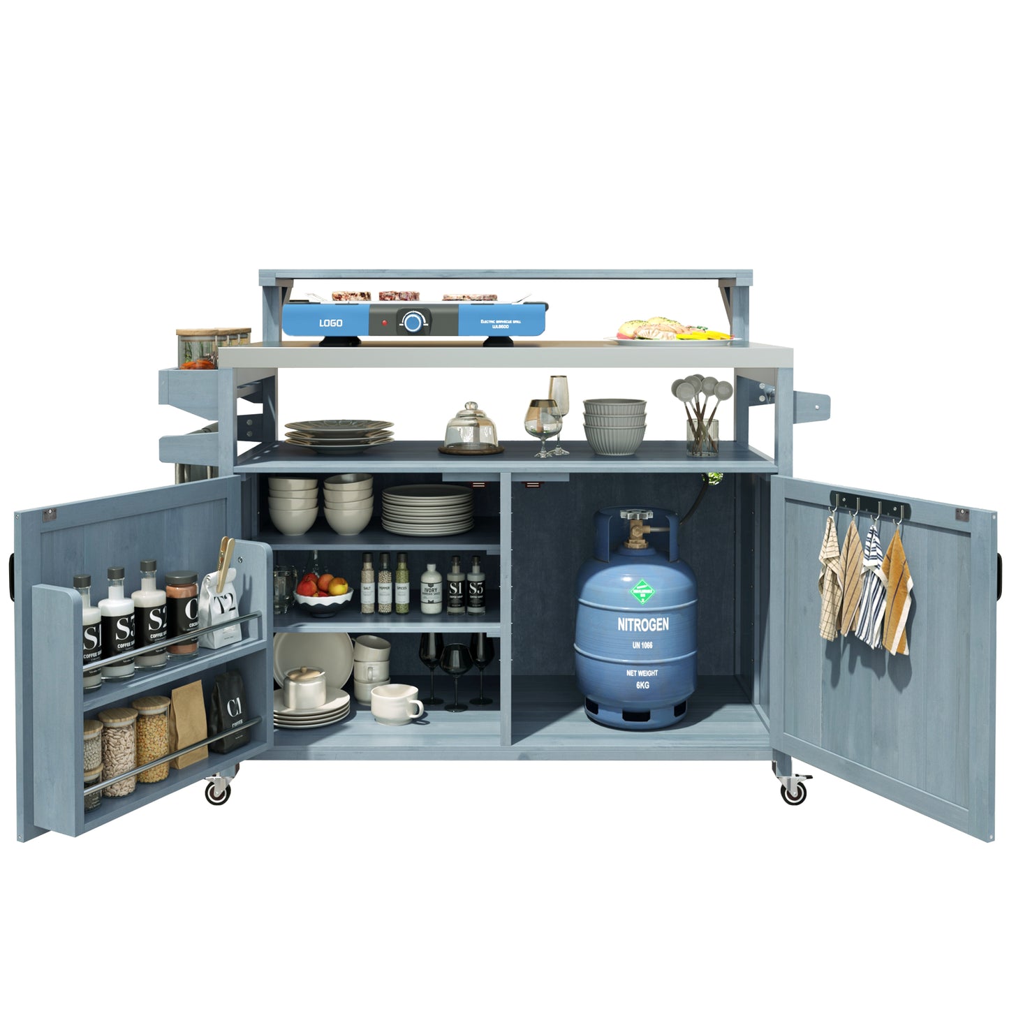 53.3" Outdoor Kitchen Island with Raised Shelf, Solid Wood Storage Cabinet with Stainless Steel Top, Outdoor Rolling Grill Cart with Internal Storage Rack, Adjustable Shelf, Spice Rack, Grey Blue